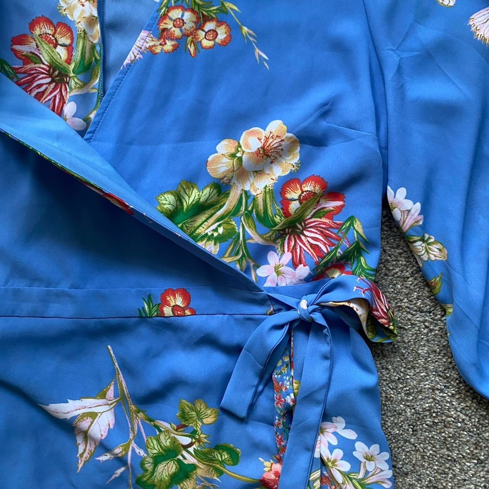 Wrap High Low Floral Dress Size L Blue Ruffled Romantic Cottage Feminine - Picture 9 of 12